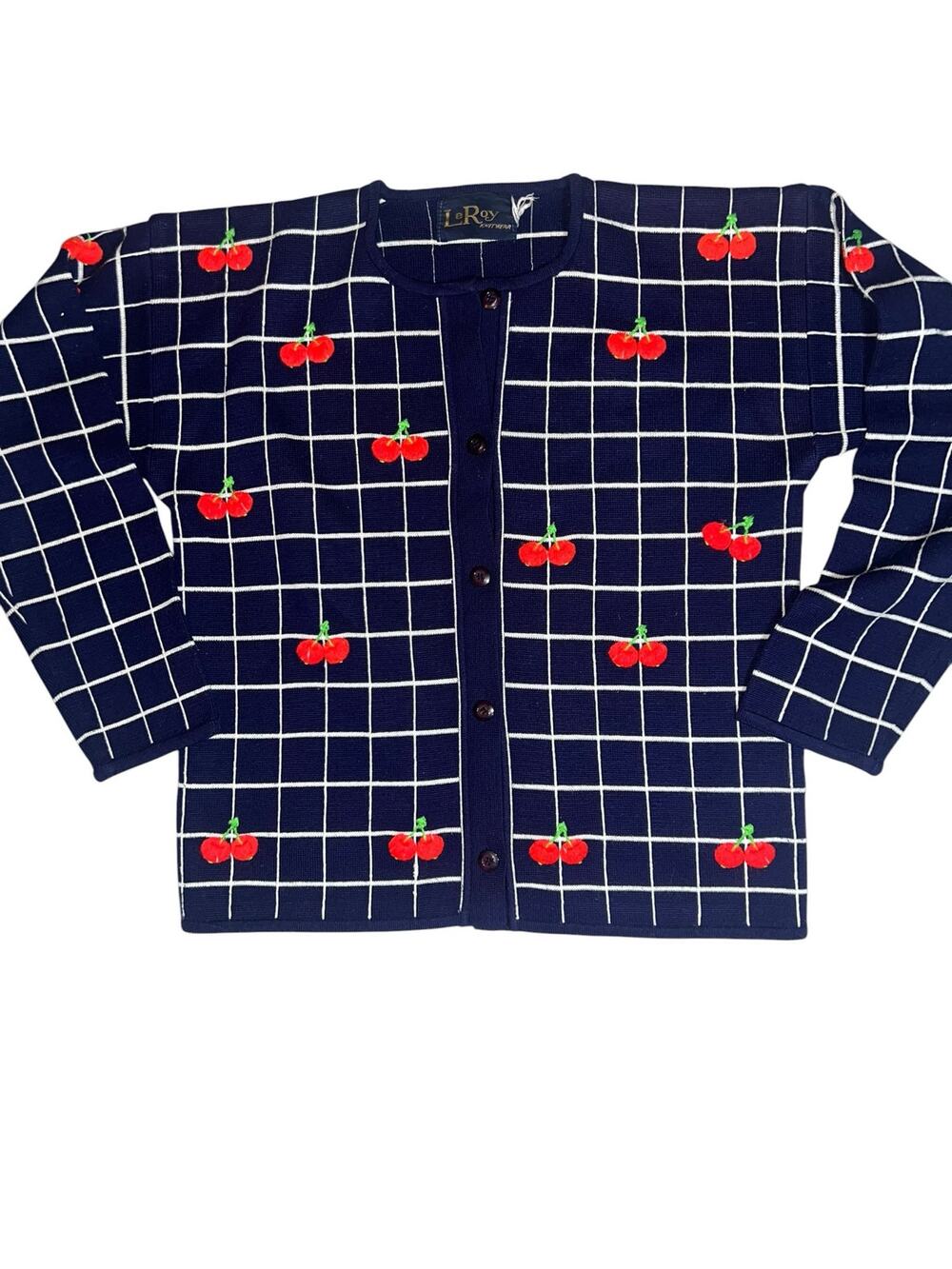 LeRoy Knitwear vintage 3D Cherry fruit cardigan blue embroidered  red cherries